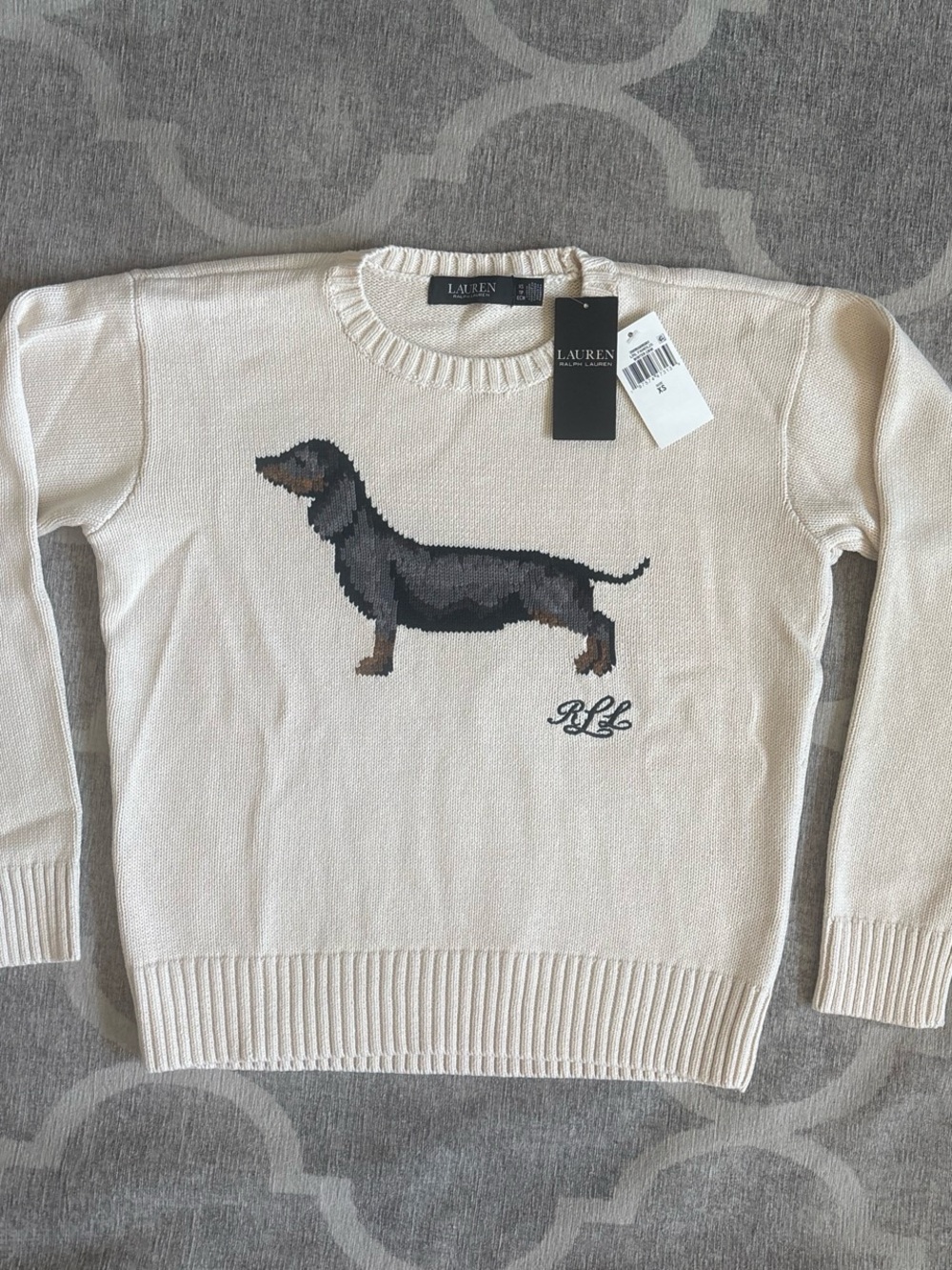 Ralph Lauren Cream Crewneck Sweater with Dachshund Intarsia